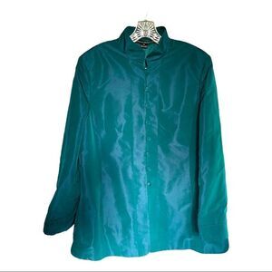 Vintage Linda Allard/ Ellen Tracy Teal Metallic Silk Button-Up Blazer Size 16